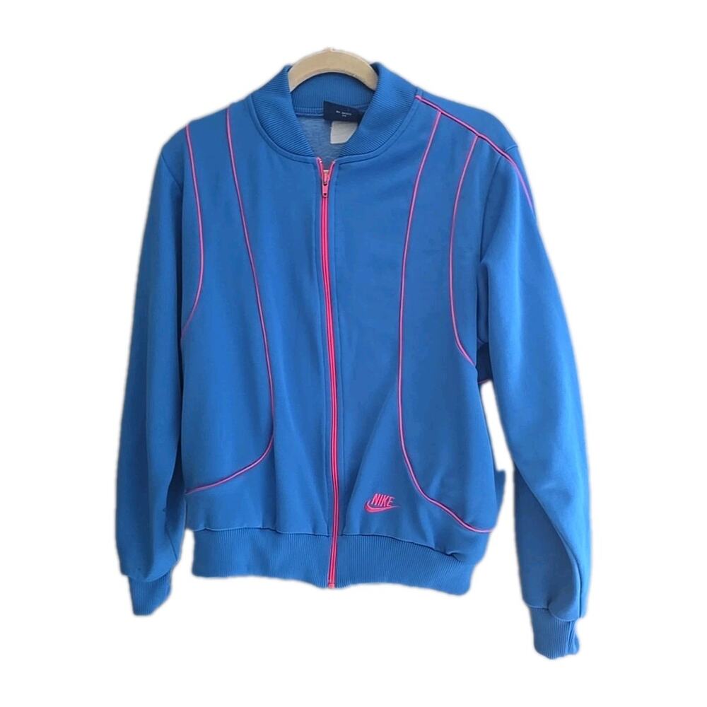 Vintage Nike 80s Blue Zip Front Sportswear Bomber Track Jacket Womans Size Large